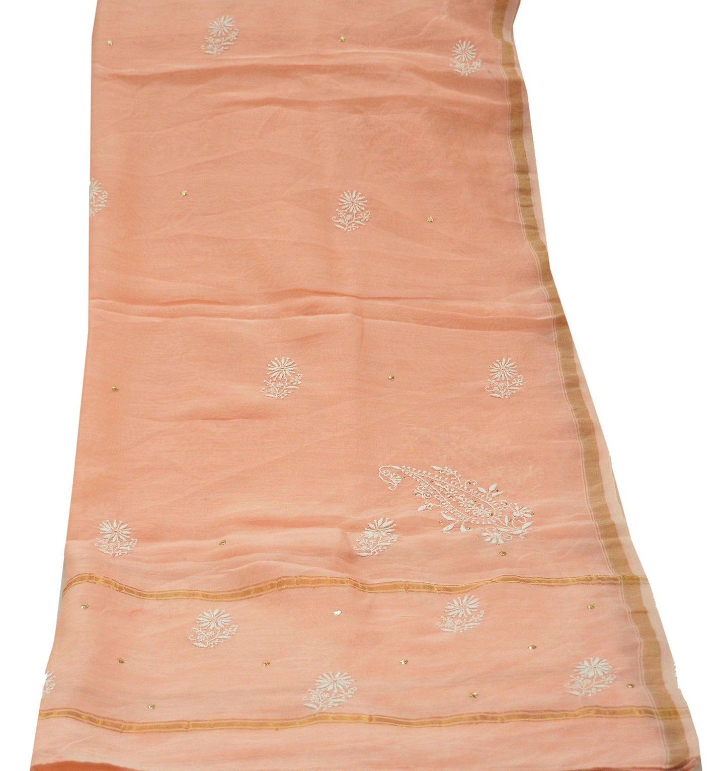 Indian Vintage Peach Dupatta Long Stole Pure Chanderi silk Handmade Mukesh & Chikankari Scarves Veil Scarf Wrap Zari Floral Design