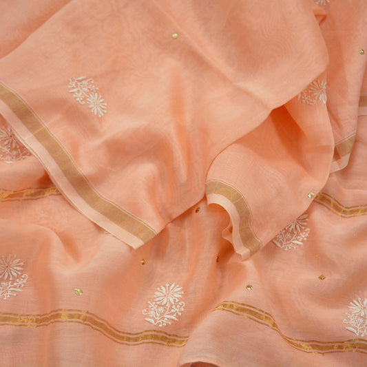 Indian Vintage Peach Dupatta Long Stole Pure Chanderi silk Handmade Mukesh & Chikankari Scarves Veil Scarf Wrap Zari Floral Design