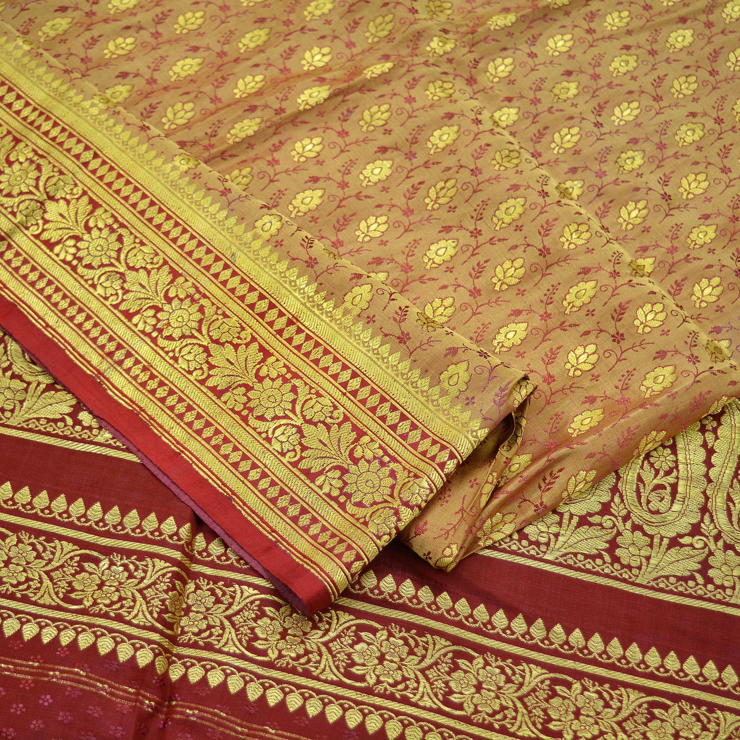 Indian Vintage Golden Beige & Red Heavy Saree Pure Satin Silk Woven Brocade Banarasi Sari Fabric Zari Ethnic 5Yd Bridal Wedding Sarees