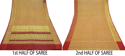 Indian Vintage Golden Beige & Red Heavy Saree Pure Satin Silk Woven Brocade Banarasi Sari Fabric Zari Ethnic 5Yd Bridal Wedding Sarees