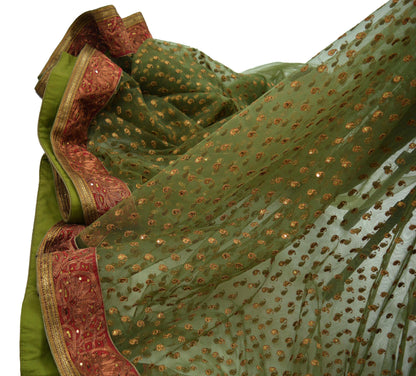 Indian Vintage Heavy Saree Green Net/Mesh Hand Embroidered Sari Fabric 5Yd Sewing Soft Zardozi/Dabka Zari Sequins Wedding/ Bridal party wear