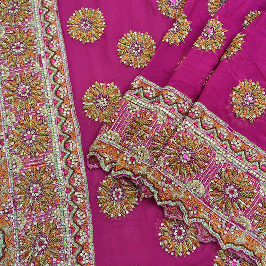 Indian Vintage Heavy Bridal Rani Pink Dupatta Pure Georgette Silk Long Stole Hand Embroidered Scarf Zardozi/Dabka Wedding red Hijab veil