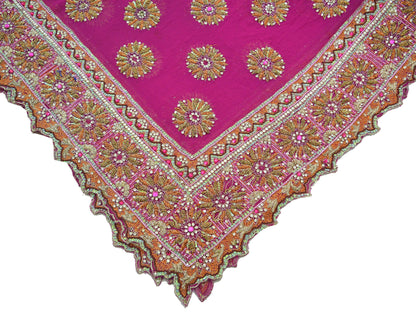 Indian Vintage Heavy Bridal Rani Pink Dupatta Pure Georgette Silk Long Stole Hand Embroidered Scarf Zardozi/Dabka Wedding red Hijab veil