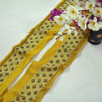 Indian Vintage Yellow Sari Border Hand Embroidered Indian Craft Trim Lace Sewing Sari Ribbon Pure Crepe silk  Zardozi/Dabka Zari