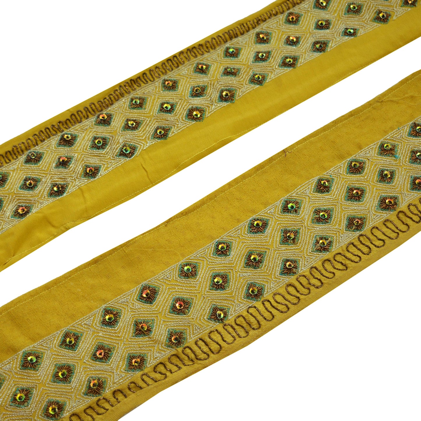 Indian Vintage Yellow Sari Border Hand Embroidered Indian Craft Trim Lace Sewing Sari Ribbon Pure Crepe silk  Zardozi/Dabka Zari