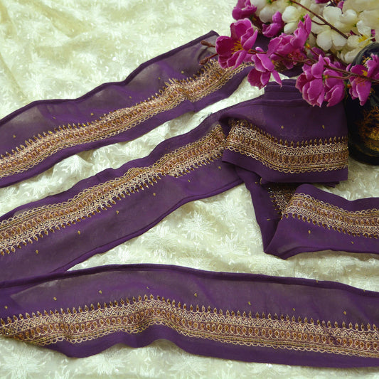 Indian Vintage Purple Sari Border Hand Embroidered Indian Craft Trim Lace Sewing Pure Georgette Silk Ribbon Recycled Sari Border Zari