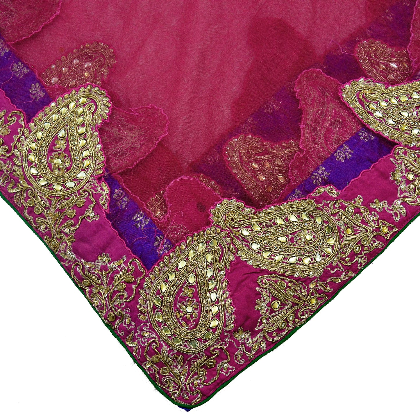 Indian Vintage Heavy Bridal Rani Pink Dupatta Net Mesh Long Stole Hand Embroidered Scarves Zardozi Dabka Zari Wedding Veil Paisley Patch