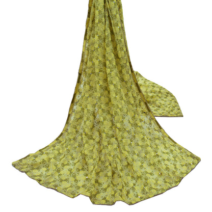 Indian Vintage Yellow Dupatta Long Stole Chiffon Hand Embroidered Bagh Phulkari Stole Scarves Golden lace Mirror