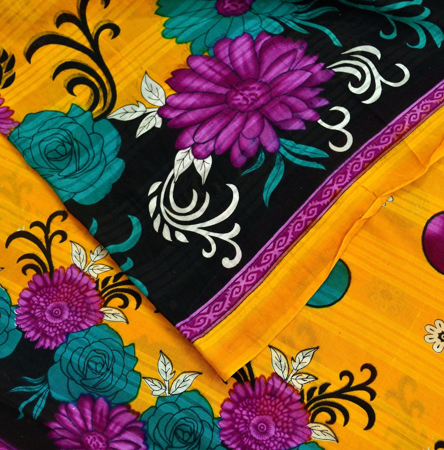 Indian Vintage Saffron & Black Saree Printed Pure Cotton Indian Sari Craft Fabric 5Yd Sewing Soft Sarong Wrap Boho Floral Quilting Crafting