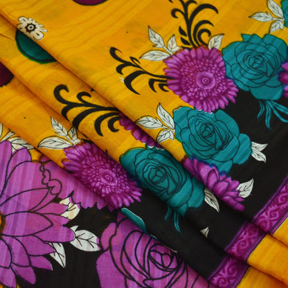 Indian Vintage Saffron & Black Saree Printed Pure Cotton Indian Sari Craft Fabric 5Yd Sewing Soft Sarong Wrap Boho Floral Quilting Crafting