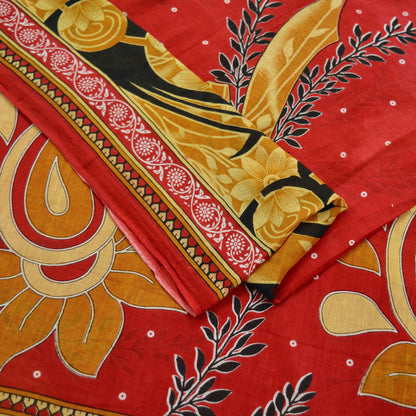 Indian Vintage Red Saree Printed Pure Cotton Indian Sari Craft Fabric Soft 5Yd Sewing Sarong Wrap Boho Floral Quilting Crafting Upcycle