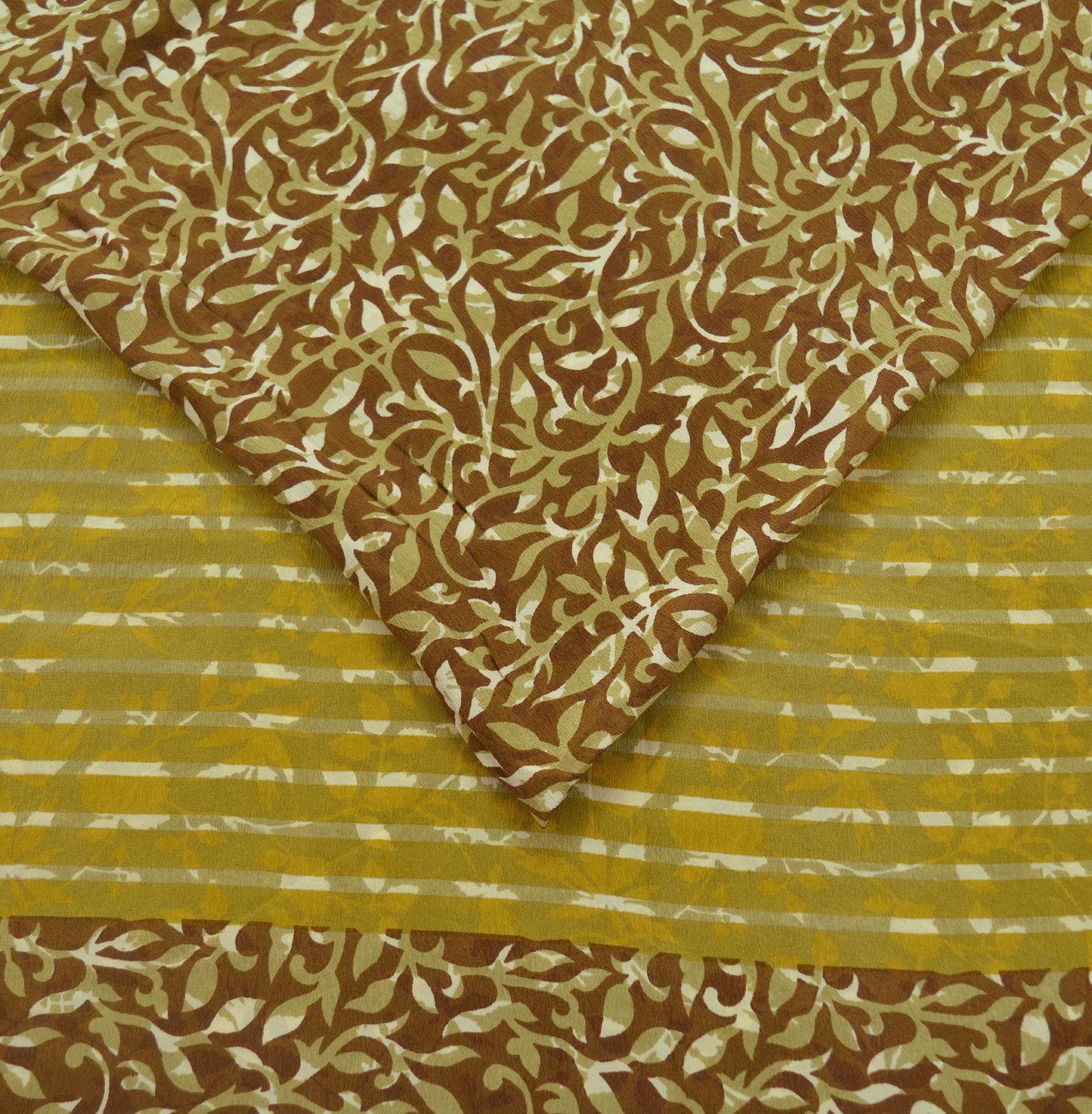 Indian Vintage Green & Brown Saree Pure Crepe Silk Printed Sari Craft Fabric 5yd Sewing Floral Soft Craft Fabric Wrap Quilting Crafting