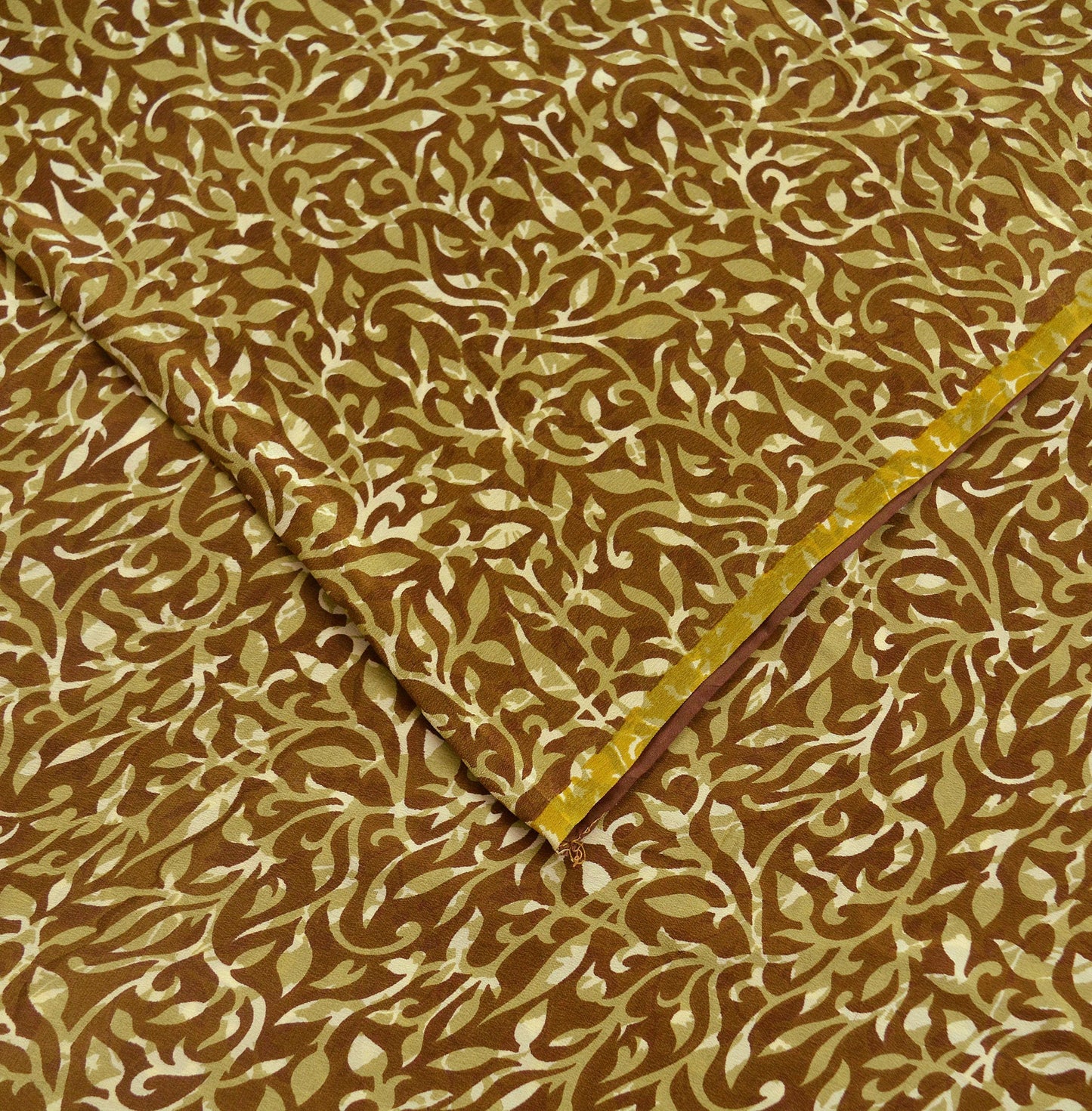 Indian Vintage Green & Brown Saree Pure Crepe Silk Printed Sari Craft Fabric 5yd Sewing Floral Soft Craft Fabric Wrap Quilting Crafting