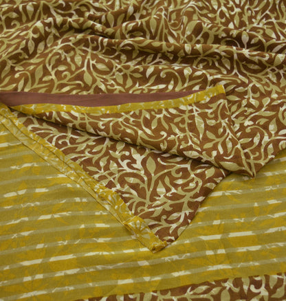 Indian Vintage Green & Brown Saree Pure Crepe Silk Printed Sari Craft Fabric 5yd Sewing Floral Soft Craft Fabric Wrap Quilting Crafting