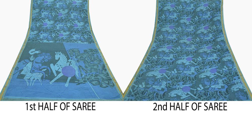 Indian Vintage Sari Blue & Gray Pure Silk Printed Sarees 5yd Sewing Craft Fabric Dress Making Wrap Abstract Zari Quilting Crafting Upcycle