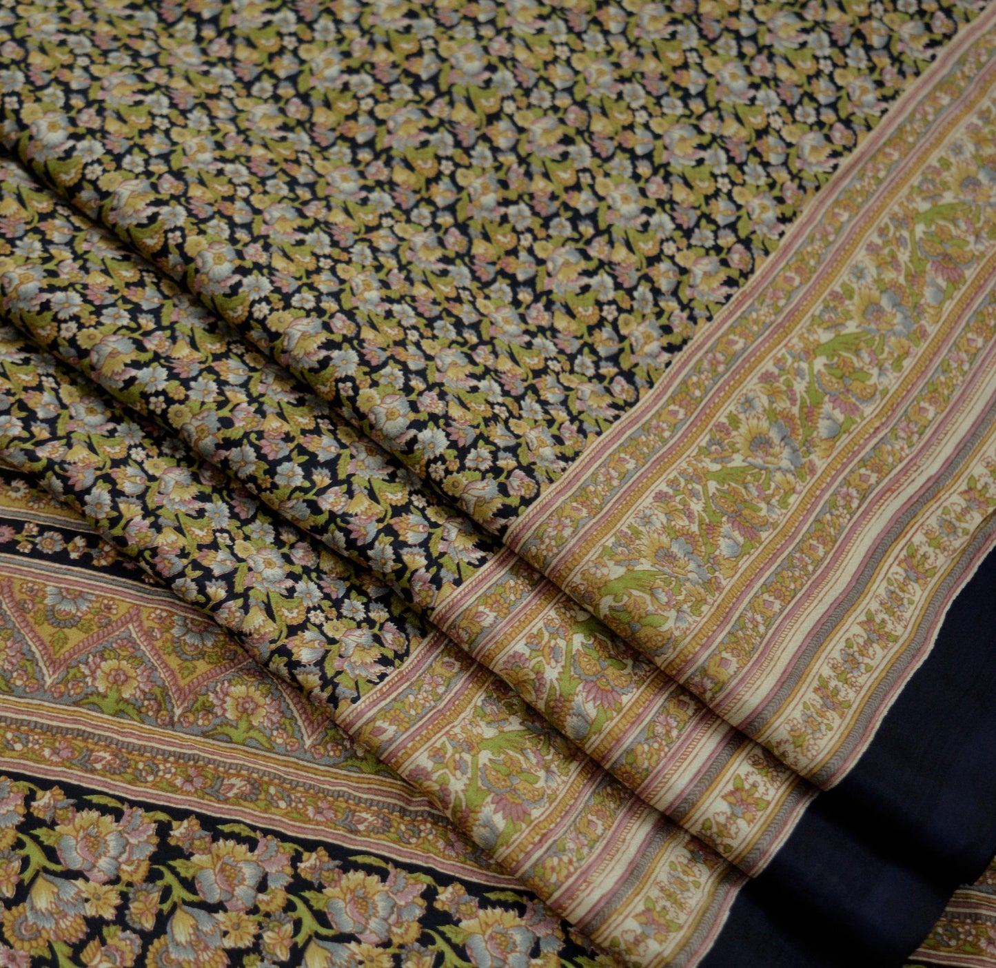 Indian Vintage Sari Black Printed Pure Silk Sarees Craft Fabric 6yd Sewing Floral Soft Dress Designing  for Crafting Quilting Upcycle Wrap