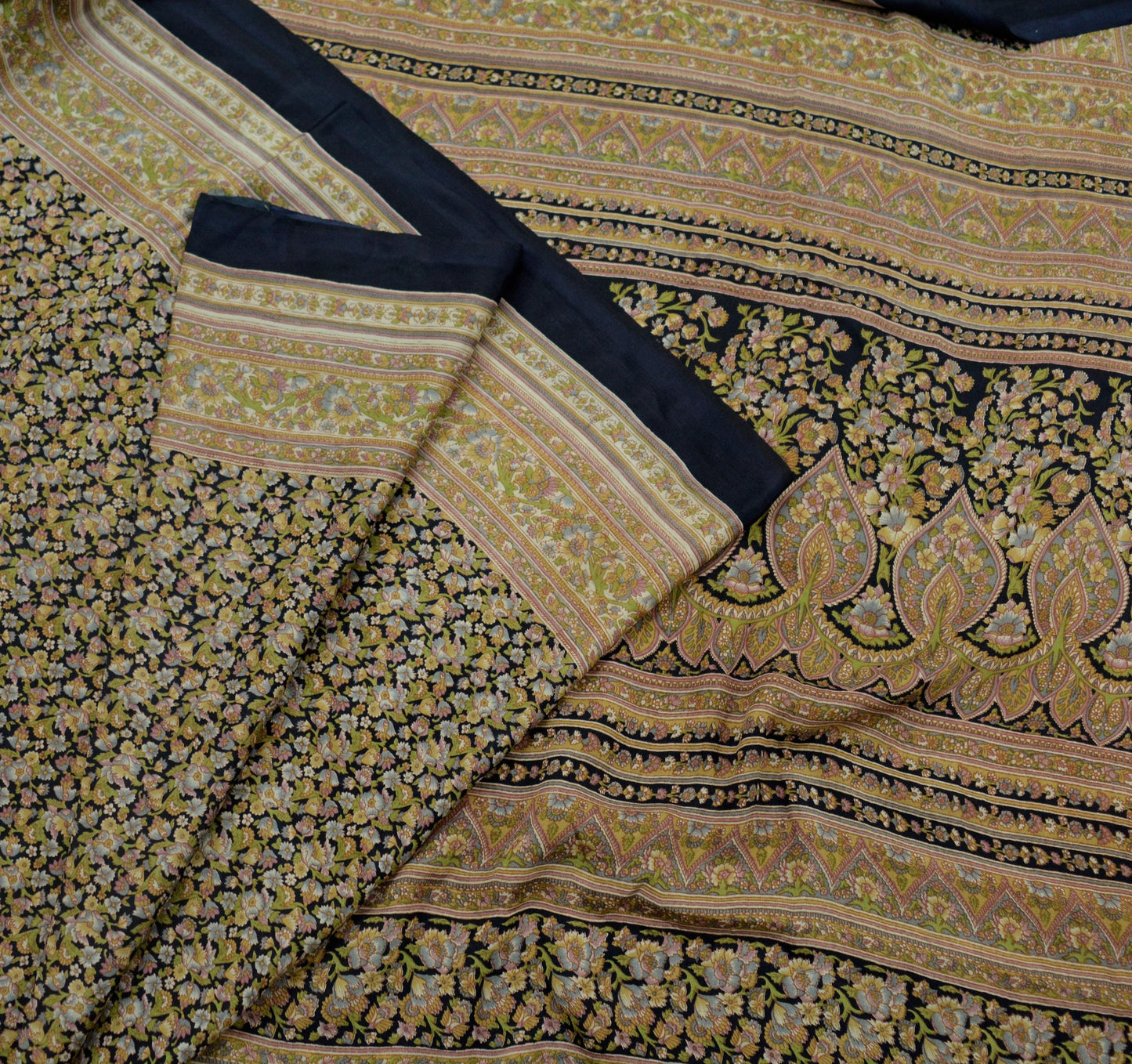 Indian Vintage Sari Black Printed Pure Silk Sarees Craft Fabric 6yd Sewing Floral Soft Dress Designing  for Crafting Quilting Upcycle Wrap