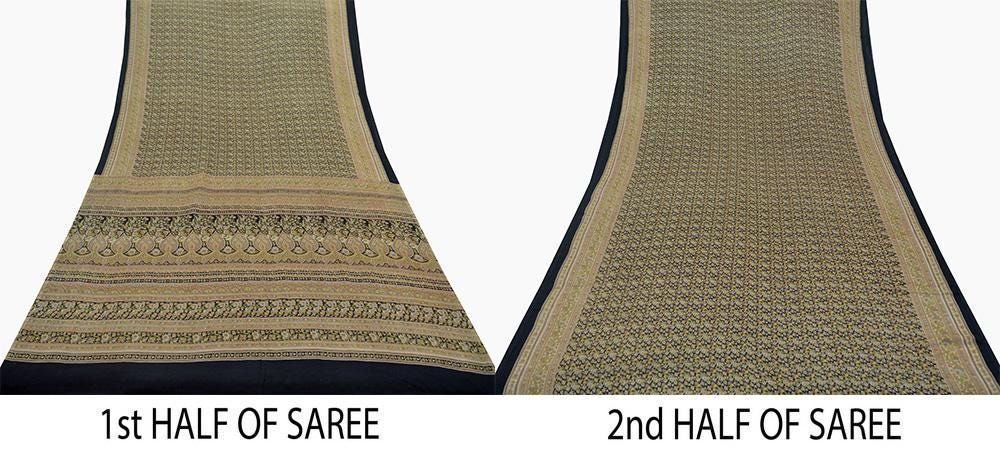 Indian Vintage Sari Black Printed Pure Silk Sarees Craft Fabric 6yd Sewing Floral Soft Dress Designing  for Crafting Quilting Upcycle Wrap