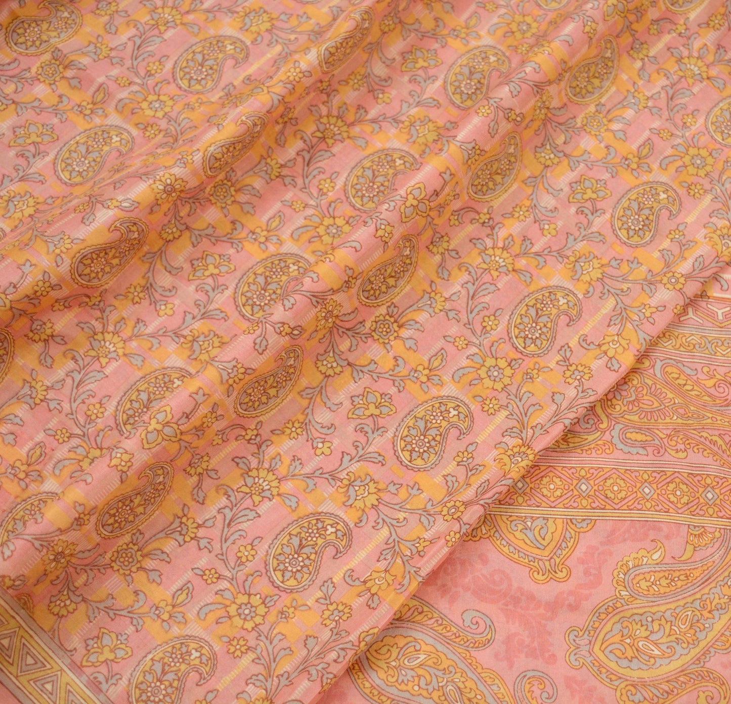 Indian Vintage Peach Saree 100% Pure Silk Printed Sari Craft Fabric Soft 5yd Sewing Dress Making  Soft Floral Crafting Quilting Upcycle