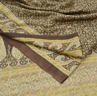 Indian Vintage Sari Brown Printed 100% Pure Silk Sarees 6yd Sewing Craft Fabric Soft Dress Making Wrap Floral Upcycle Quilting Crafting Used