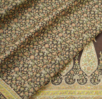 Indian Vintage Sari Brown Printed 100% Pure Silk Sarees 6yd Sewing Craft Fabric Soft Dress Making Wrap Floral Upcycle Quilting Crafting Used