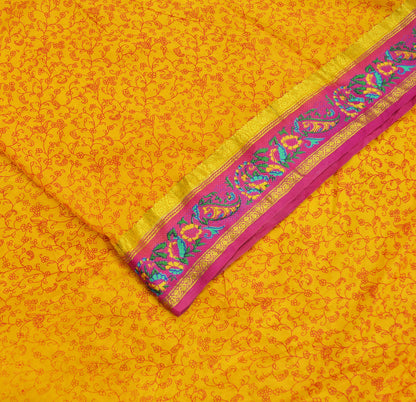 Indian Vintage Sari Pink & Yellow Pure Silk Printed Sarees Craft Fabric 5yd Sewing Dress Making Soft Quilting Crafting Upcycle