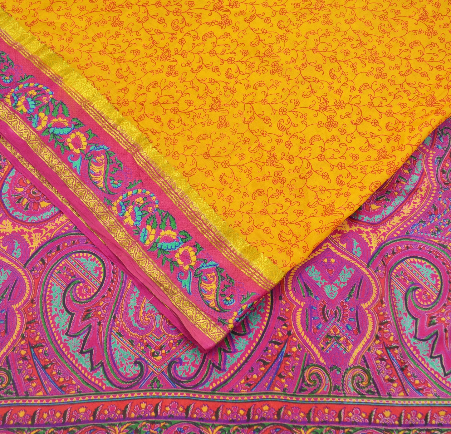 Indian Vintage Sari Pink & Yellow Pure Silk Printed Sarees Craft Fabric 5yd Sewing Dress Making Soft Quilting Crafting Upcycle