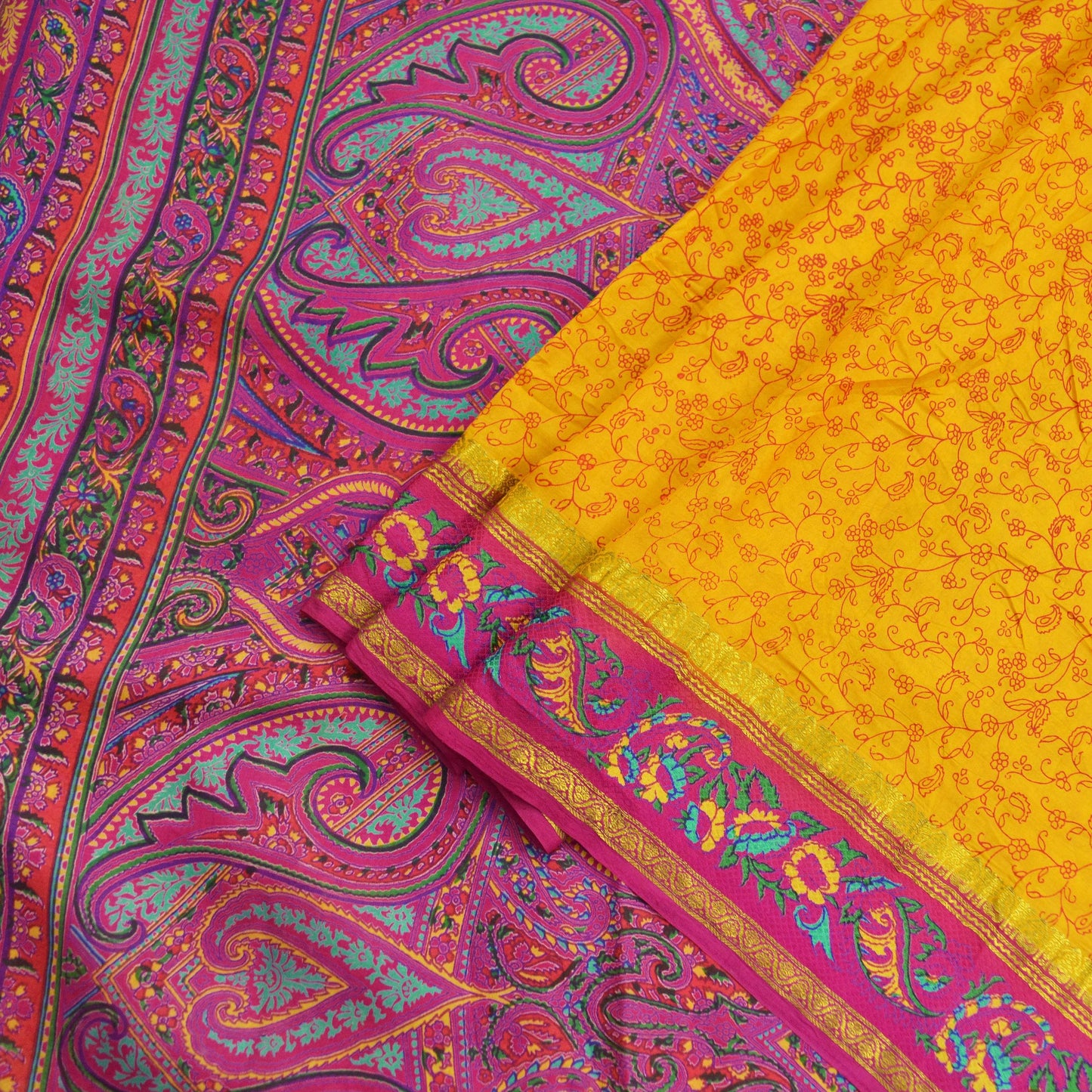 Indian Vintage Sari Pink & Yellow Pure Silk Printed Sarees Craft Fabric 5yd Sewing Dress Making Soft Quilting Crafting Upcycle