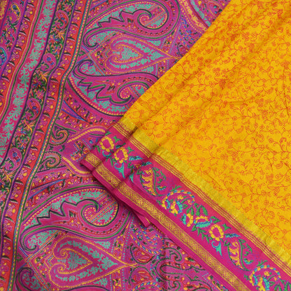 Indian Vintage Sari Pink & Yellow Pure Silk Printed Sarees Craft Fabric 5yd Sewing Dress Making Soft Quilting Crafting Upcycle