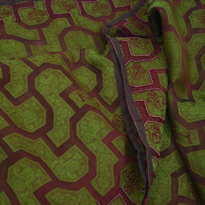 The vintage Creations Indian Vintage Sari Green & Maroon Hand Embroidered Saree Pure Organza Silk Fabric 5Yd Ethnic Dress Making Crafting