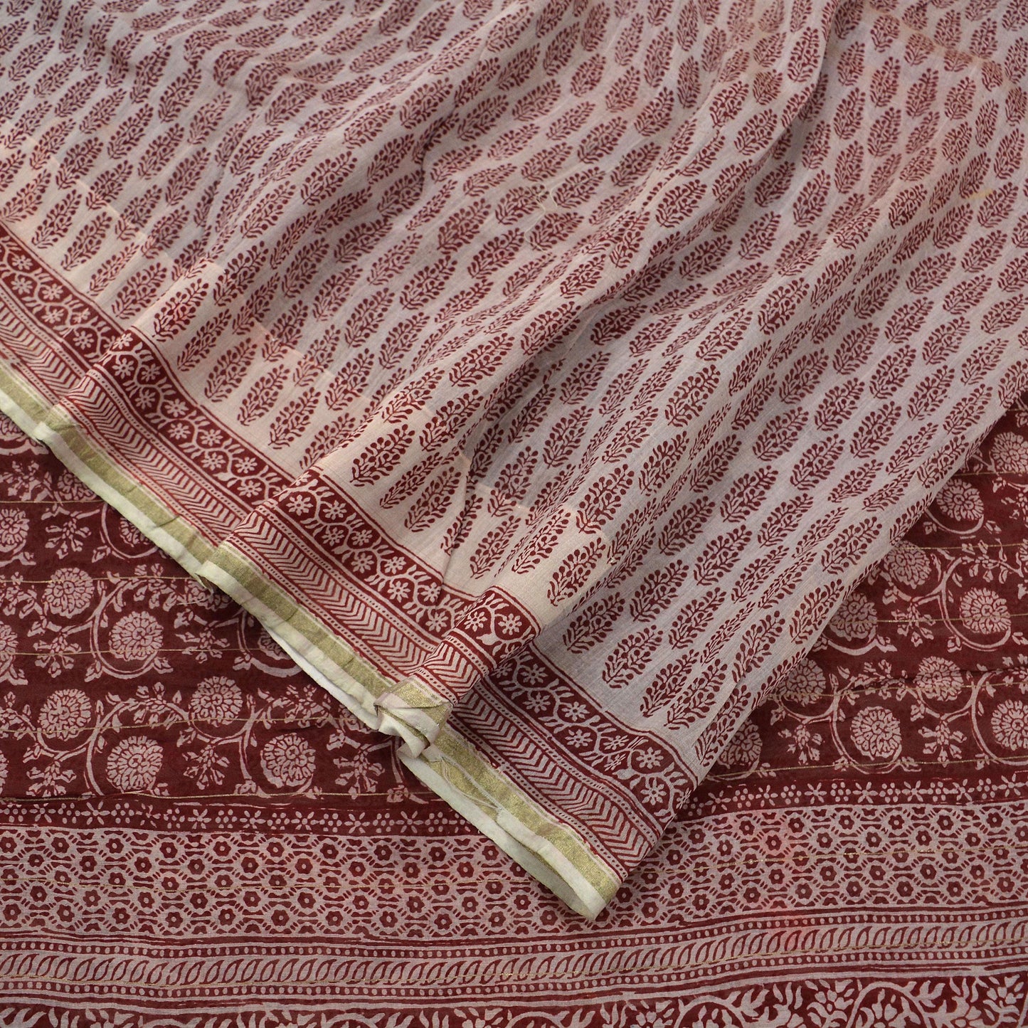 The vintage Creation Indian Vintage Sari Maroon Pure chanderi Silk Block Printed Sarees Craft Fabric 6Yd Soft Zari Border Dress making