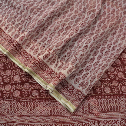 The vintage Creation Indian Vintage Sari Maroon Pure chanderi Silk Block Printed Sarees Craft Fabric 6Yd Soft Zari Border Dress making