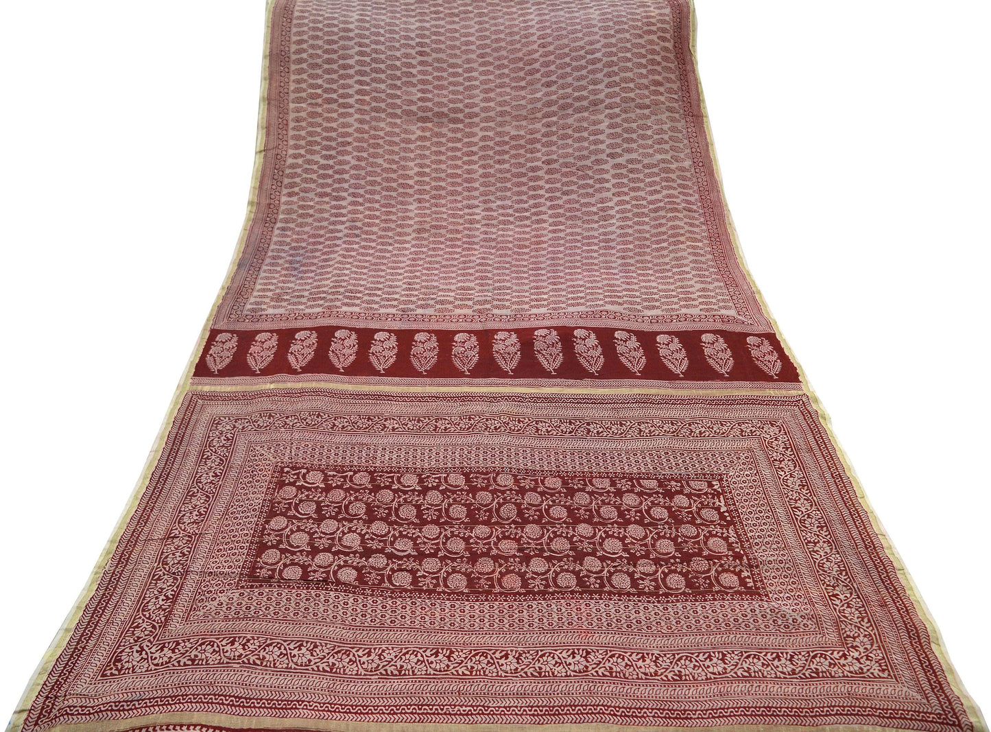 The vintage Creation Indian Vintage Sari Maroon Pure chanderi Silk Block Printed Sarees Craft Fabric 6Yd Soft Zari Border Dress making