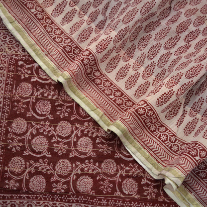 The vintage Creation Indian Vintage Sari Maroon Pure chanderi Silk Block Printed Sarees Craft Fabric 6Yd Soft Zari Border Dress making