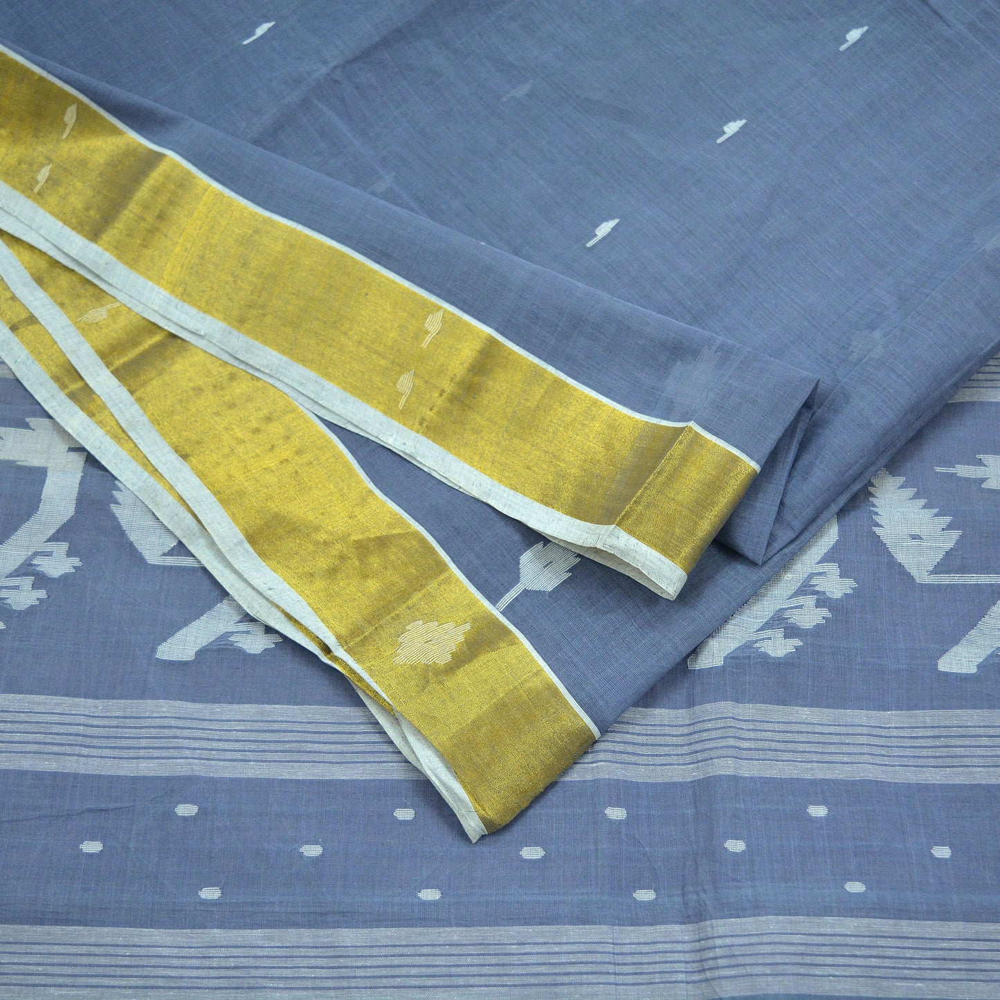 Indian Vintage Sarees Gray Pure Cotton Hand Woven Jamdani Sari 5yd Ethnic Floral Craft Fabric Dress making Upcycle Crafting Quilting