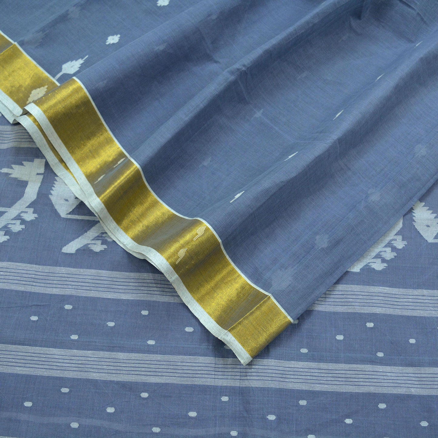 Indian Vintage Sarees Gray Pure Cotton Hand Woven Jamdani Sari 5yd Ethnic Floral Craft Fabric Dress making Upcycle Crafting Quilting