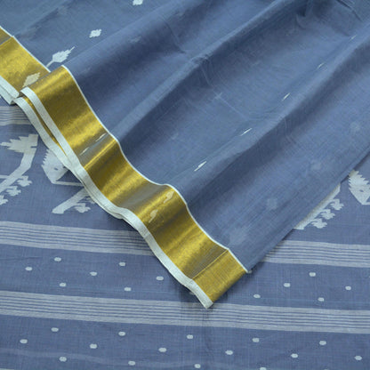 Indian Vintage Sarees Gray Pure Cotton Hand Woven Jamdani Sari 5yd Ethnic Floral Craft Fabric Dress making Upcycle Crafting Quilting