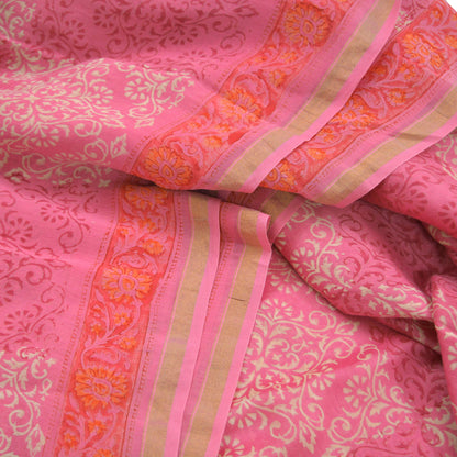 Indian Vintage Sari Pink Pure chanderi Silk Bagru Printed Saree 5Yd Fabric Floral Soft Zari Border Ethnic Upcycle Crafting Dress making