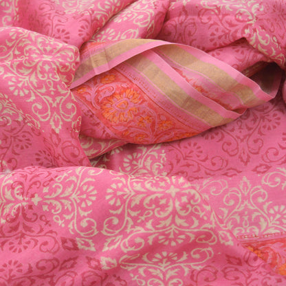 Indian Vintage Sari Pink Pure chanderi Silk Bagru Printed Saree 5Yd Fabric Floral Soft Zari Border Ethnic Upcycle Crafting Dress making