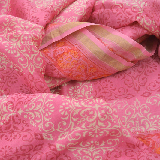 Indian Vintage Sari Pink Pure chanderi Silk Bagru Printed Saree 5Yd Fabric Floral Soft Zari Border Ethnic Upcycle Crafting Dress making