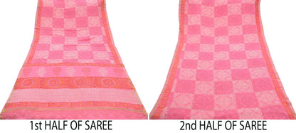 Indian Vintage Sari Pink Pure chanderi Silk Bagru Printed Saree 5Yd Fabric Floral Soft Zari Border Ethnic Upcycle Crafting Dress making
