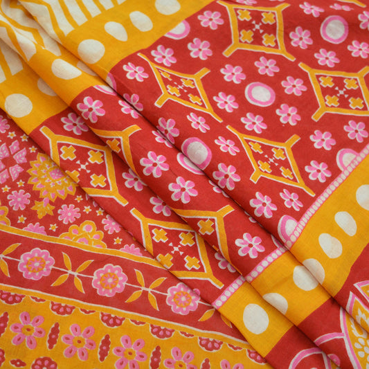 Indian Vintage Red Saree Printed Pure Cotton Sari Craft Fabric Soft 5Yd Sewing Sarong Wrap Boho Quilting Crafting Upcycle Dress making