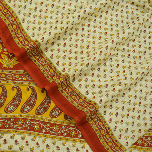 Indian Vintage Sari Ivory & Orange Printed Pure Cotton Saree Fabric Soft Floral 5Yd Sarong Wrap Boho Fabric Kimono Soft