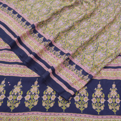 Indian Vintage Sari Green & Blue 100% Pure Silk Printed Sarees 5yd Sewing Craft Fabric Dress Making Soft Wrap Crafting Quilting Upcycle