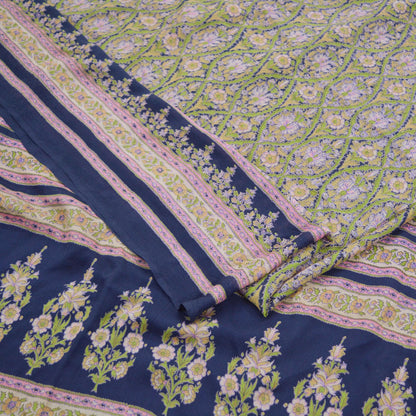 Indian Vintage Sari Green & Blue 100% Pure Silk Printed Sarees 5yd Sewing Craft Fabric Dress Making Soft Wrap Crafting Quilting Upcycle