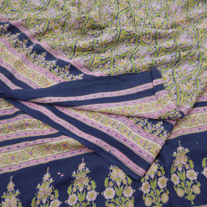 Indian Vintage Sari Green & Blue 100% Pure Silk Printed Sarees 5yd Sewing Craft Fabric Dress Making Soft Wrap Crafting Quilting Upcycle