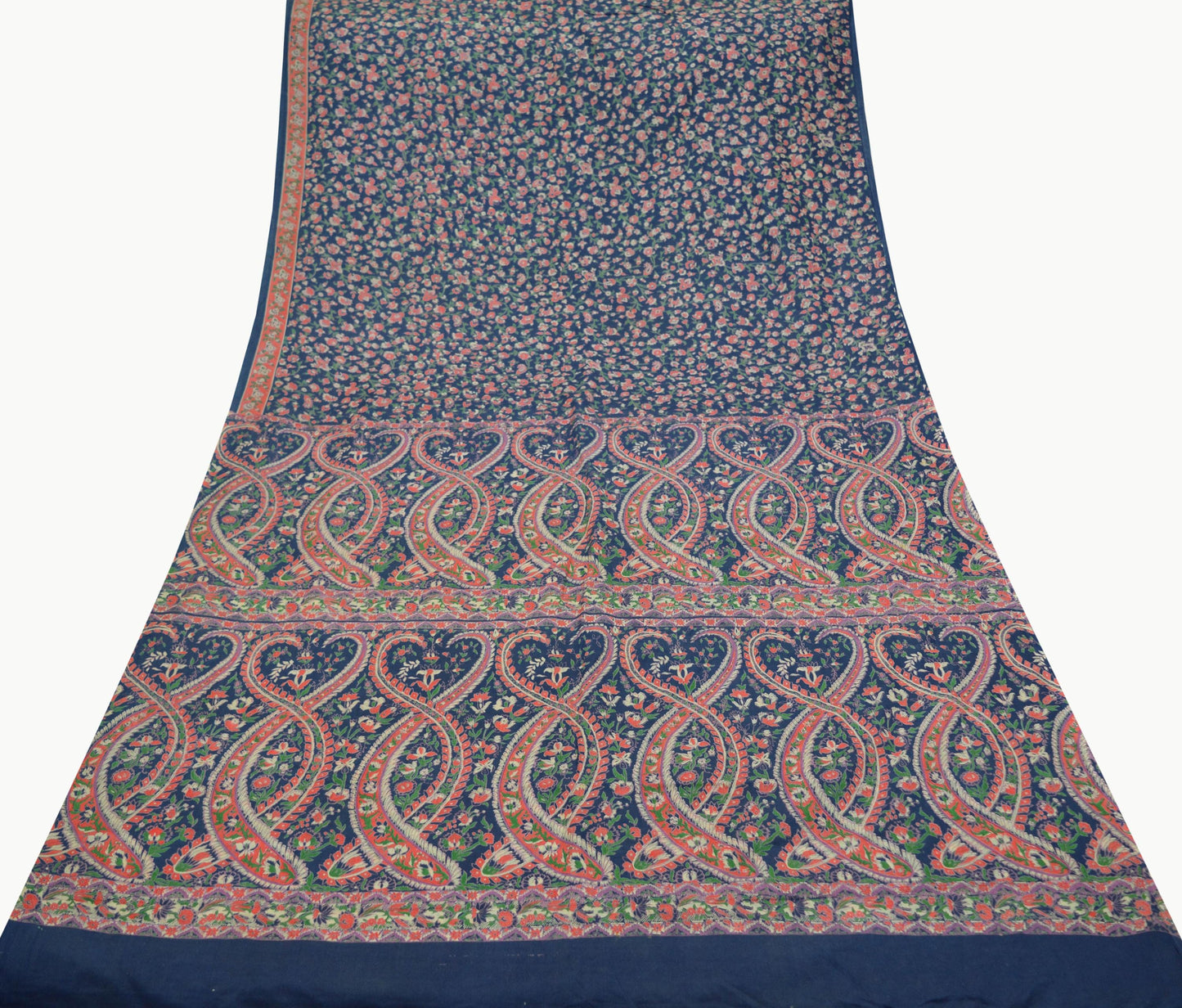 Vintage Blue & Green Saree Artificial Silk Printed Sari Sewing 5yd Craft Fabric Soft Floral Crafting Dress Making Crafting Quilting Upcycle