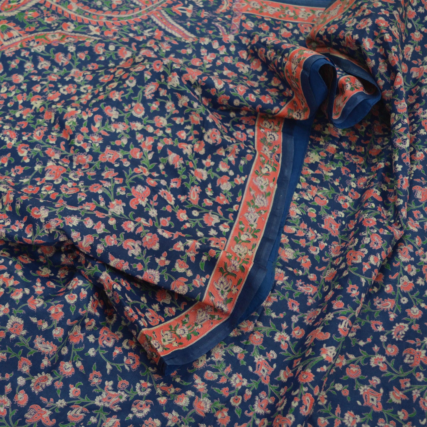 Vintage Blue & Green Saree Artificial Silk Printed Sari Sewing 5yd Craft Fabric Soft Floral Crafting Dress Making Crafting Quilting Upcycle