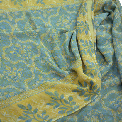 Indian Vintage Sari Beige & Blue Pure Georgette Silk Saree Craft Fabric Sewing 6Yard Soft Light Dress Making Floral