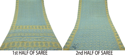 Indian Vintage Sari Beige & Blue Pure Georgette Silk Saree Craft Fabric Sewing 6Yard Soft Light Dress Making Floral